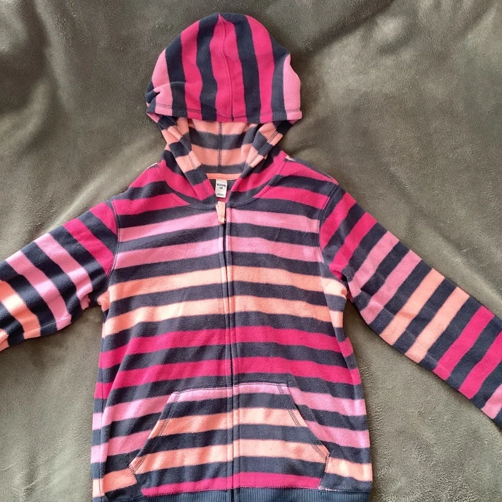 Girl Striped Fleece Hoodie Size 14 XL Neon Pink Gray Full Zip